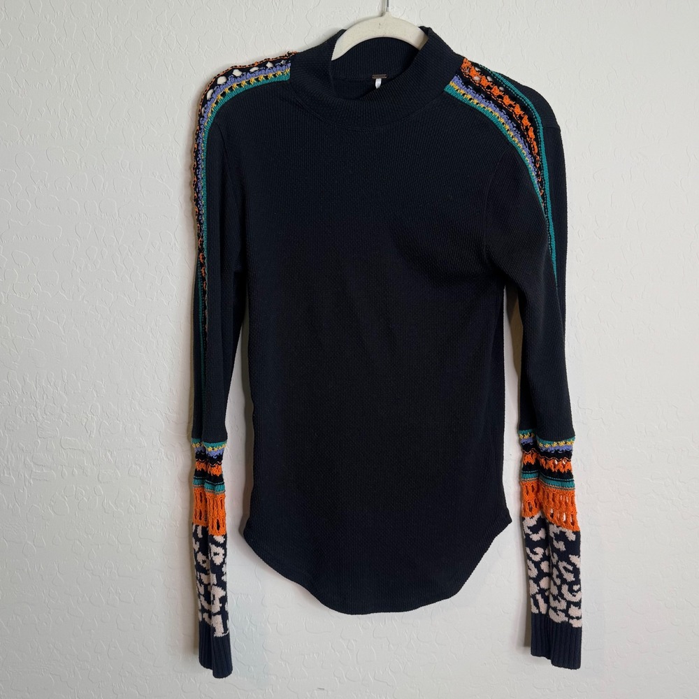 Free People Switch it UP Black Crochet Mixed Media Mock Neck Large boho Cozy